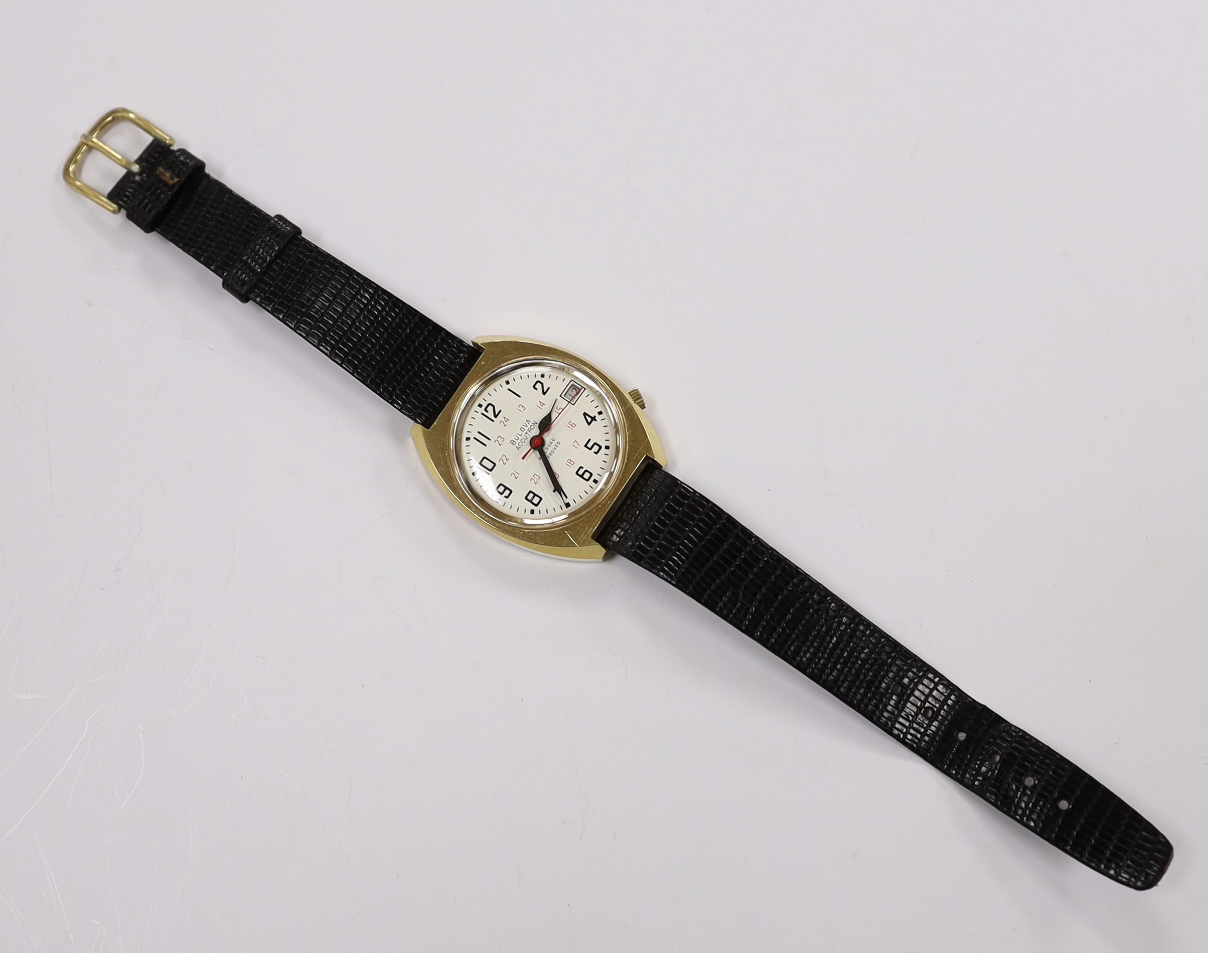 A gentleman's steel and 14kt gold filled Bulova Accutron All Road Approved, on a Baume & Mercier strap, case diameter 35mm.